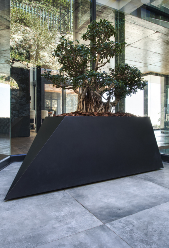 Plantr | Visi  magazine Custom Stainless Steel Planter and plant box. Black stealth steel pot plant with bonsai 