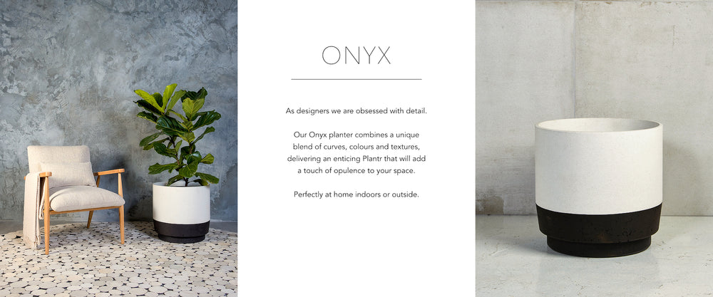 Plantr onyx concrete office pot plant. Black white custom cement fibre planter pot