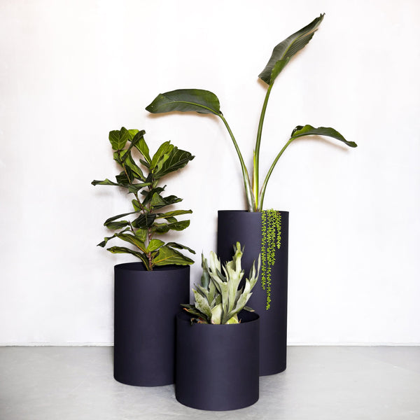 Plantr | Loft planter trio round steel charcoal black pot plants. stainless steel outdoor planter box.